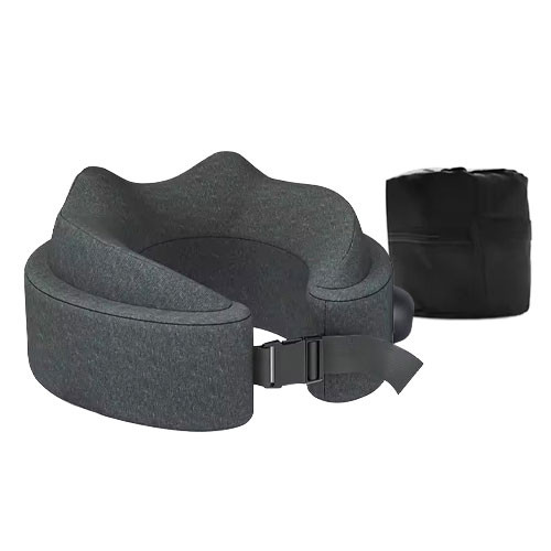 Portable inflatable U-shape travel neck pillow in dark grey with a soft polyester cover and adjustable front buckle.