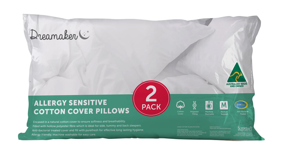Dreamaker Allergy Sensitive Cotton Cover Pillow Twin Pack 