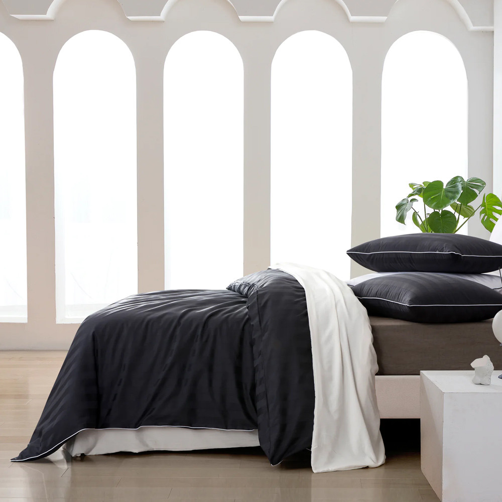 Dreamaker Kensington 600TC 100% Cotton Jacquard Stripe Quilt Cover Set Charcoal