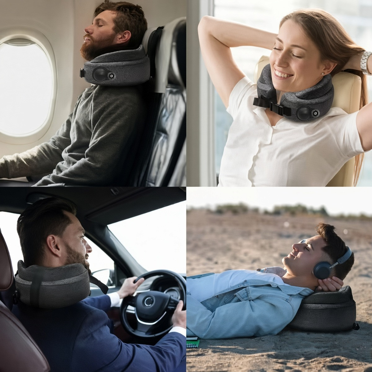 Grey travel neck pillow used for sleeping on a plane, relaxing, driving and resting outdoors