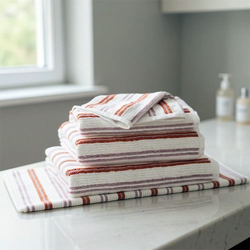 Stack of folded striped towels in red, orange, and lavender on a bathroom countertop near a window.