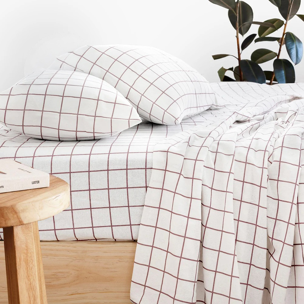 Bambury Grid Boysenberry Flannelette Cotton Sheet Set
