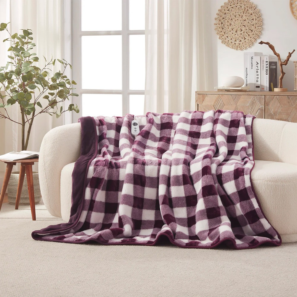 Dreamaker Gingham Plush Reversible Heated Throw Blanket