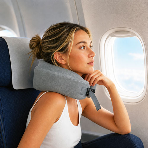 Self-inflating U-shape travel neck pillow with a soft cover, shown ready for use on long journeys.