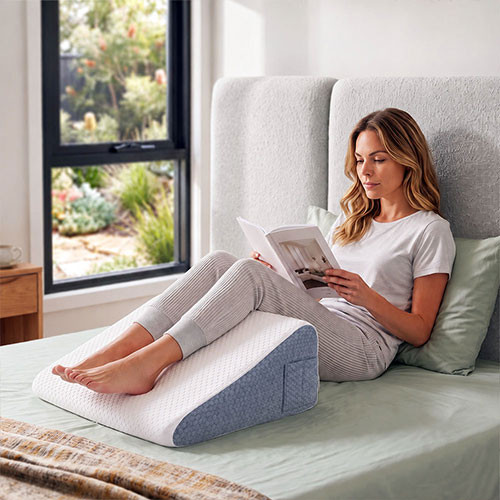 Woman resting on the Multi-Use Bed Wedge Pillow