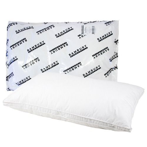 White standard pillow in front of its clear plastic packaging labeled Bambury in black text