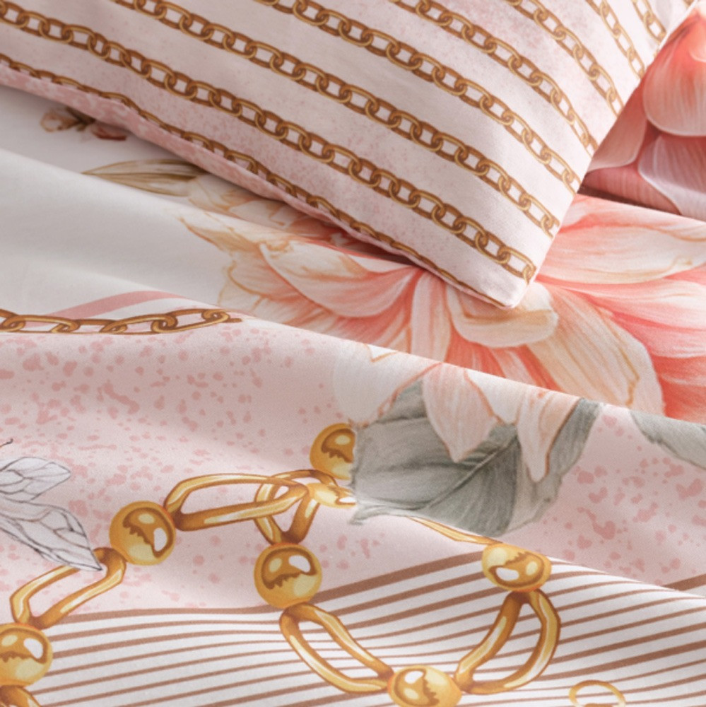 Versailles peach floral and stripe print detail