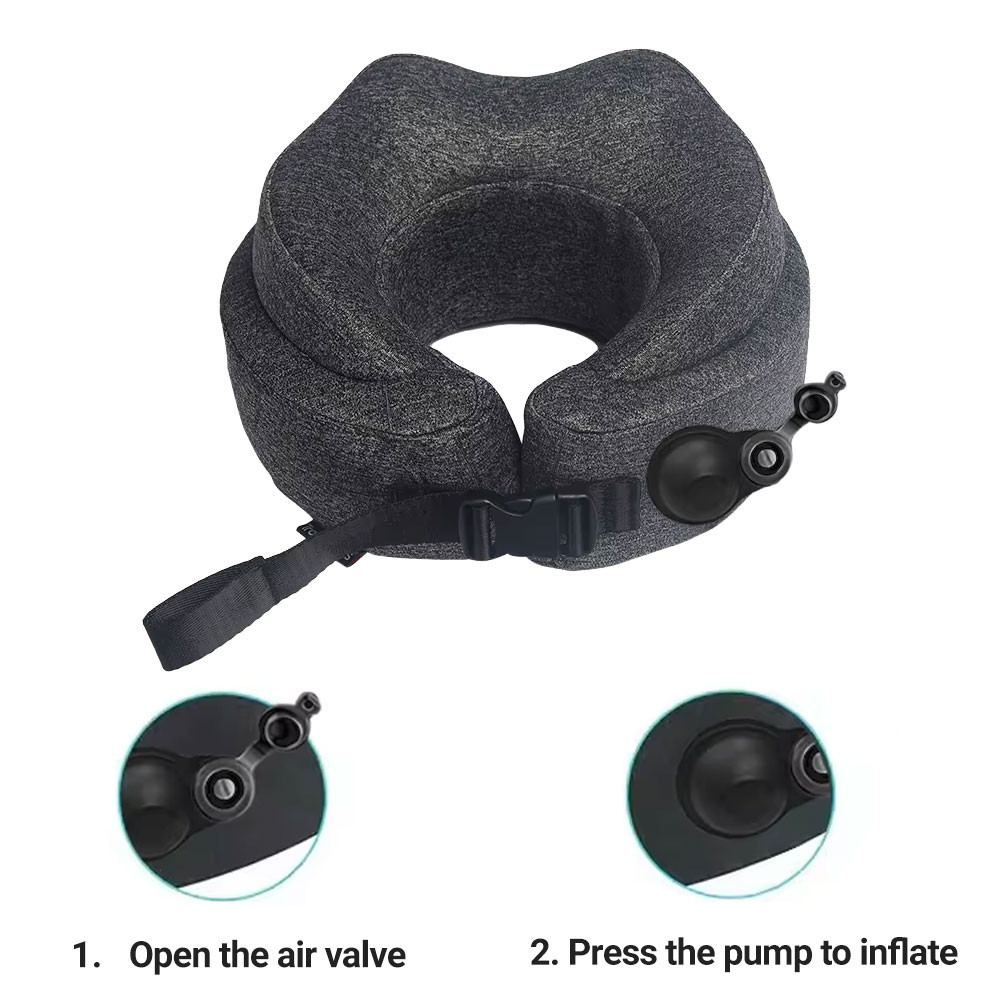 Close-up of the rotating auto-inflation valve and press pump on the inflatable travel neck pillow.
