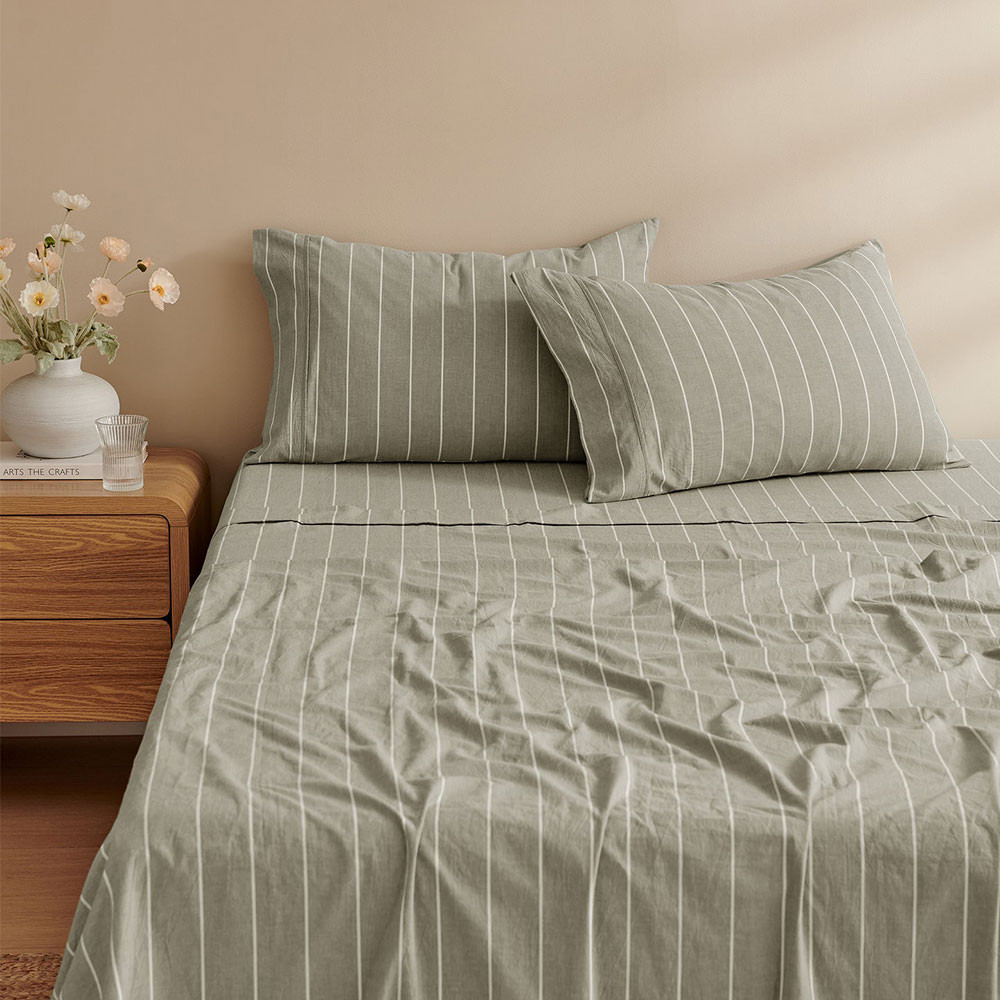 Dreamaker Rumi Washed Yarn Dyed Cotton Sheet Set Olive Base Image