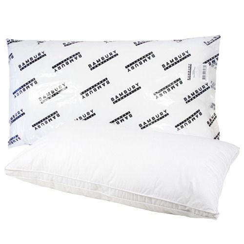 White king pillow in front of its clear plastic packaging labeled Bambury in black text