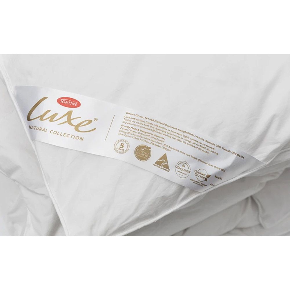 Tontine Luxe Super Warm Australian Made 80% Duck Down Quilt Label